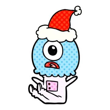 Comic book style illustration of a cyclops alien spaceman wearing santa hat Stock Illustration