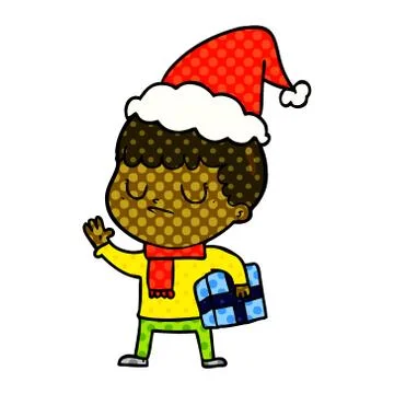 Comic book style illustration of a grumpy boy wearing santa hat Stock Illustration