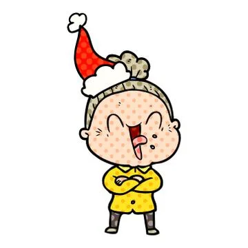 Comic book style illustration of a happy old woman wearing santa hat Stock Illustration