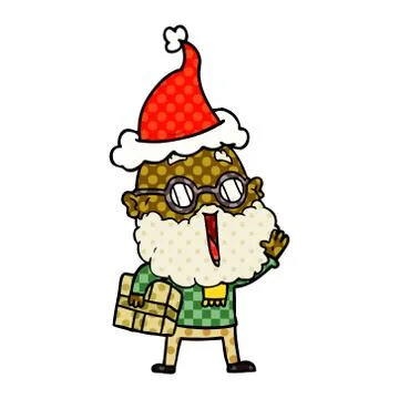 Comic book style illustration of a joyful man with beard and parcel under arm Stock-Illustration