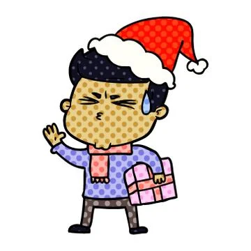 Comic book style illustration of a man sweating wearing santa hat Illustrazione stock