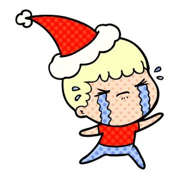 Comic book style illustration of a man crying wearing santa hat Stock Illustration