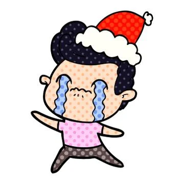 Comic book style illustration of a man crying wearing santa hat Stock Illustration
