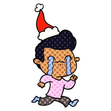 Comic book style illustration of a man crying wearing santa hat Stock Illustration