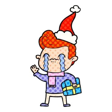 Comic book style illustration of a man crying wearing santa hat Stock Illustration