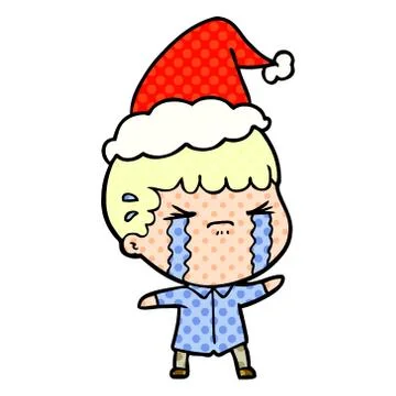Comic book style illustration of a man crying wearing santa hat Stock Illustration
