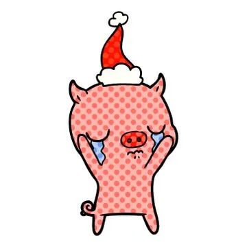 Comic book style illustration of a pig crying wearing santa hat Stock Illustration
