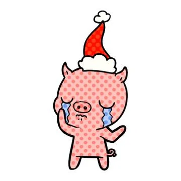 Comic book style illustration of a pig crying wearing santa hat Stock Illustration