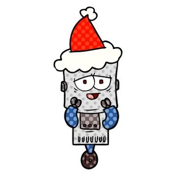 Comic book style illustration of a robot wearing santa hat Stock Illustration