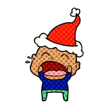 Comic book style illustration of a shouting bald man wearing santa hat Stock Illustration