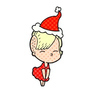 Comic book style illustration of a squinting girl in dress wearing santa hat Illustrazione stock