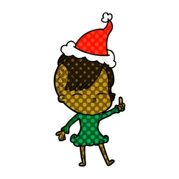 Comic book style illustration of a squinting girl wearing santa hat Illustrazione stock