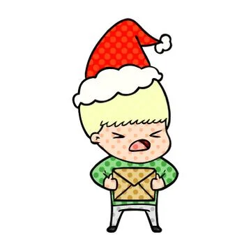 Comic book style illustration of a stressed man wearing santa hat Stock Illustration