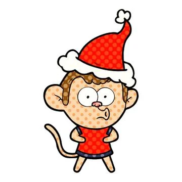 Comic book style illustration of a surprised monkey wearing santa hat Stock Illustration