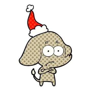 Comic book style illustration of a unsure elephant wearing santa hat Stock Illustration