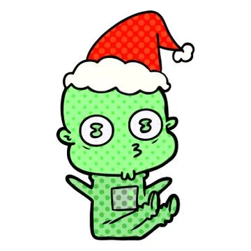 Comic book style illustration of a weird bald spaceman wearing santa hat Stock Illustration