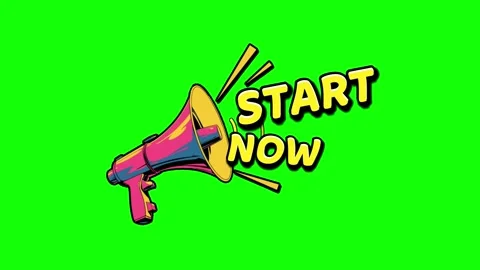 Comic book style megaphone animation with start now text call to action graphic Stockbeeldmateriaal 344715210