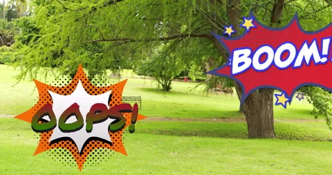Comic book style Oops! and Boom! text animation over park scenery with trees Stock Footage 304021473