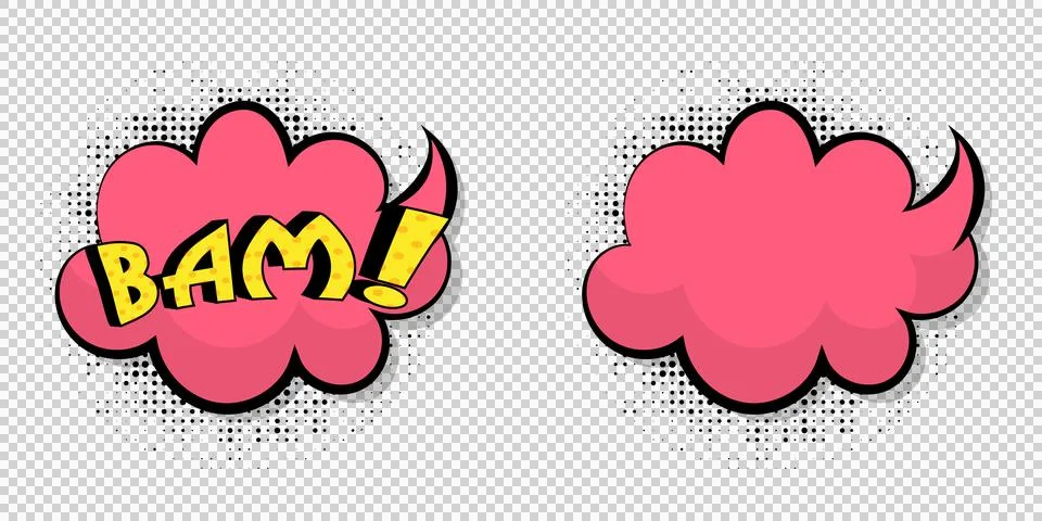 Comic book style pink explosion speech bubbles with yellow text on white ba.. Stock Illustration