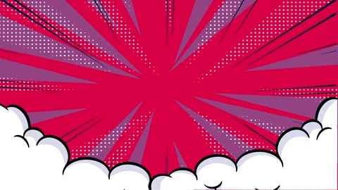 Comic book style red sunburst background with white clouds and halftone patte Vidéo 346724895