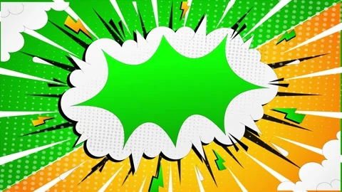 Comic book style speech bubble with green and orange radial burst background Stock-Footage 346724934