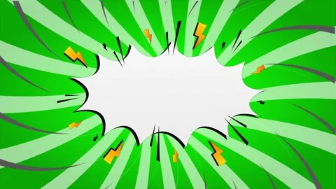 Comic book style speech bubble with lightning bolts on a green sunburst bac.. Stockbeeldmateriaal 346724937