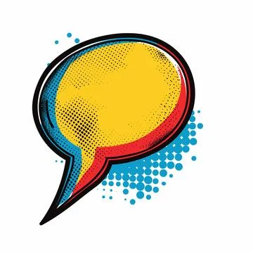 Comic book style speech bubble, yellow blue dots halftone background, pop art Stock Illustration