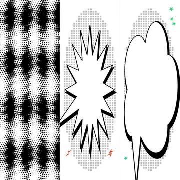 Comic Book Style Speech Bubbles and Halftone Patterns Graphic Design Elemen.. Illustrazione stock