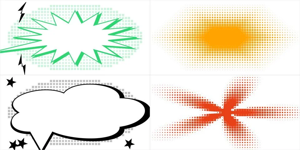 Comic Book Style Speech Bubbles and Halftone Graphic Effects for Action Seq.. Illustrazione stock