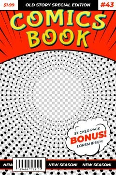Comic book template. Colourful brochure, retro comics magazine cover. Art front Illustrazione stock