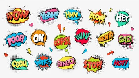 Comic book text speech bubbles. Funny explosive cloud banners with shouts Stock Illustration