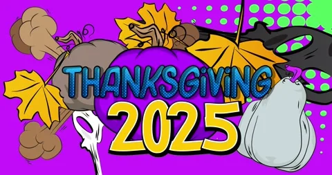 Comic book Thanksgiving 2025 with pumpkin and Autumn leaves animation Stock Footage 320981296
