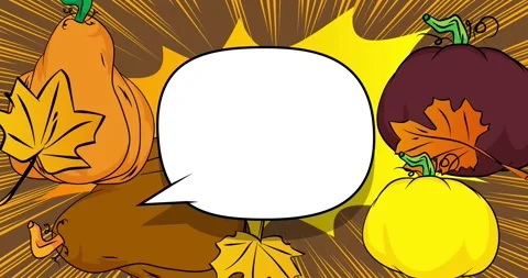 Comic Book Thanksgiving pumpkin and Autumn leaves with speech bubble animati Stock Footage 320283995