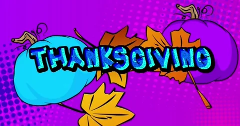 Comic book Thanksgiving text with pumpkin and Autumn leaves animation Stock Footage 321069777