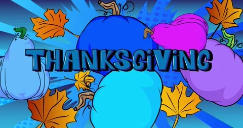 Comic book Thanksgiving text with pumpkin and Autumn leaves cartoon Stock Footage 321069781