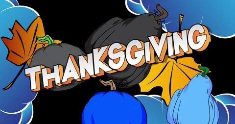 Comic book Thanksgiving text with pumpkin and Autumn leaves moving image Stock Footage 321069810