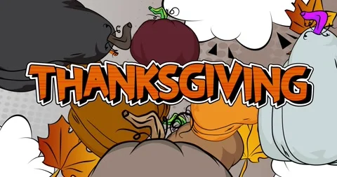 Comic book Thanksgiving text with pumpkin and Autumn leaves film Stock Footage 321069811