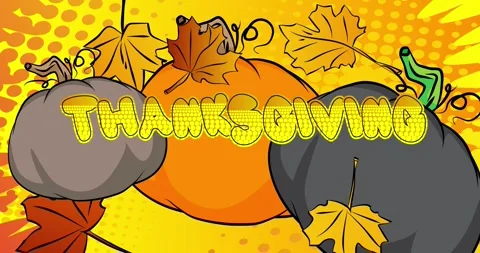 Comic book Thanksgiving text with pumpkin and Autumn leaves video Stock Footage 321069812