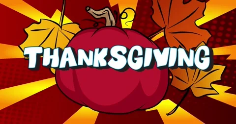 Comic book Thanksgiving text with pumpkin and Autumn leaves Stock Footage 321069815