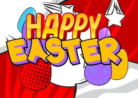 Comic book vector illustrated retro Happy Easter poster, pop art vintage st.. Stock Illustration