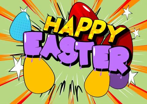 Comic book vector illustrated retro Happy Easter poster, pop art vintage st.. Stock Illustration