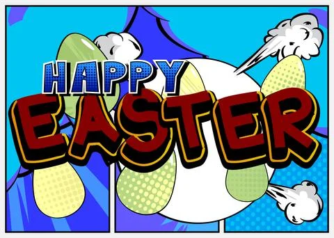 Comic book vector illustrated retro Happy Easter poster, pop art vintage st.. Stock Illustration