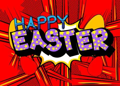 Comic book vector illustrated retro Happy Easter poster, pop art vintage st.. Stock Illustration