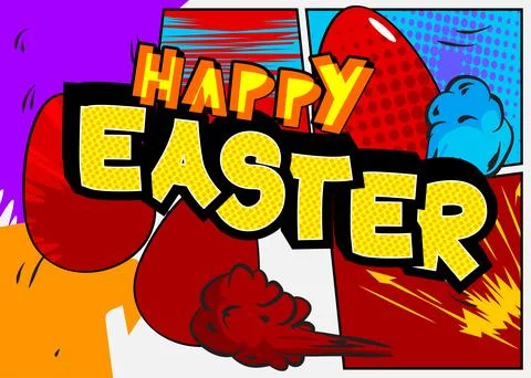 Comic book vector illustrated retro Happy Easter poster, pop art vintage st.. Stock Illustration