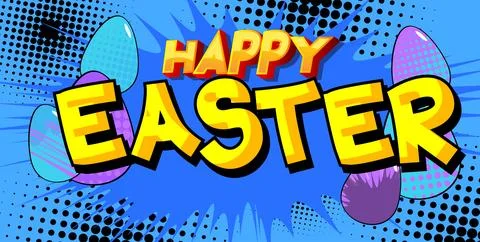 Comic book vector illustrated retro Happy Easter poster, pop art vintage st.. Stock Illustration