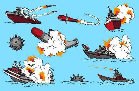 Comic book warships set. Collection of ships that launch missiles or explode Stock Illustration