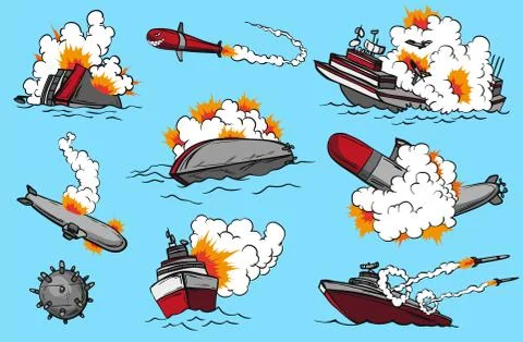 Comic book warships set. Collection of ships that launch missiles or explode Stock Illustration