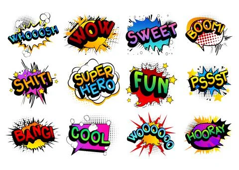 Comic book word set: Whooosh, Wow, Sweet, Boom, Shit, Super Hero, Fun, Pssst, Illustrazione stock