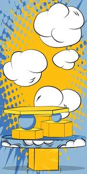 Comic book yellow and blue product podium banner. Pop Art Stage for present.. Stock Illustration