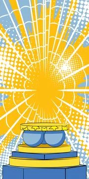 Comic book yellow and blue product podium banner. Pop Art Stage for present.. Stock Illustration